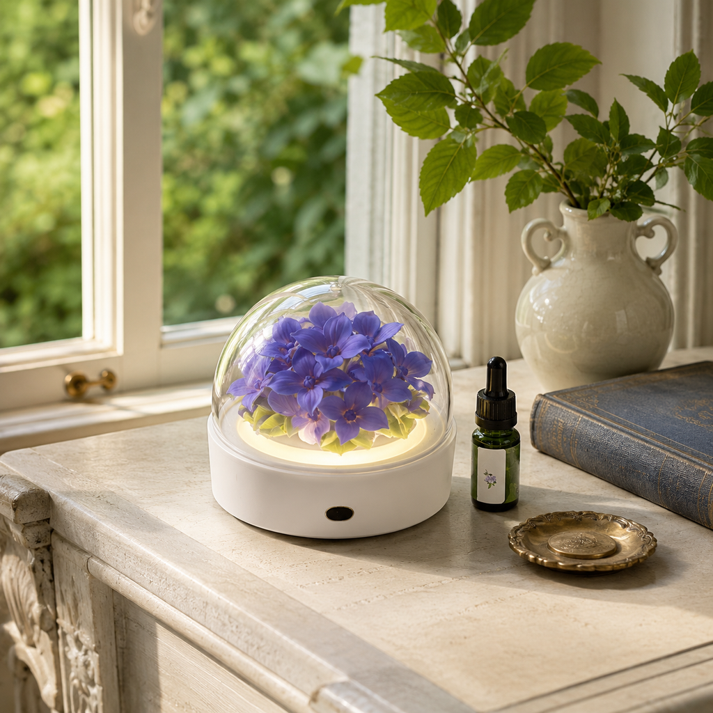 Illuminated Porcelain Flower Fragrance Diffuser- Violet Garden
